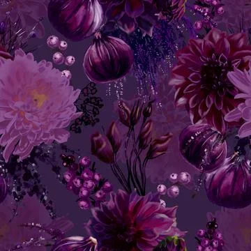 Purple seamless pattern. Purple flowers, berries and figs. Stock Illustration