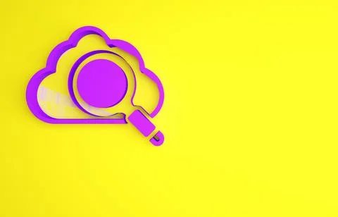 Purple Search cloud computing icon isolated on yellow background. Magnifying  Illustrazione stock