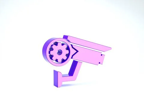 Purple Security camera and gear icon isolated on white background. Adjusting  Illustrazione stock