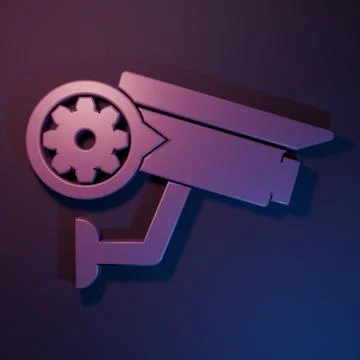 Purple Security camera and gear icon isolated on purple-blue background. Ad.. Stock Illustration