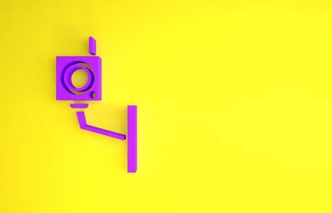 Purple Security camera icon isolated on yellow background. Minimalism concept Illustrazione stock