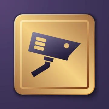 Purple Security camera icon isolated on purple background. Gold square button Illustrazione stock