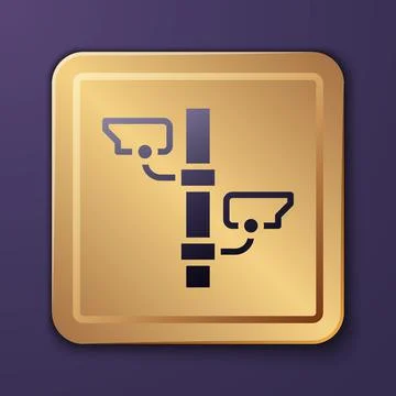 Purple Security camera icon isolated on purple background. Gold square button Illustrazione stock