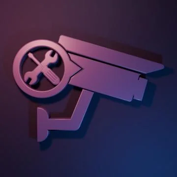 Purple Security camera with screwdriver and wrench icon isolated on purple-.. Stock Photos