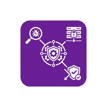 Purple security operations icon with bug scanner shield for server defense .. 스톡 일러스트