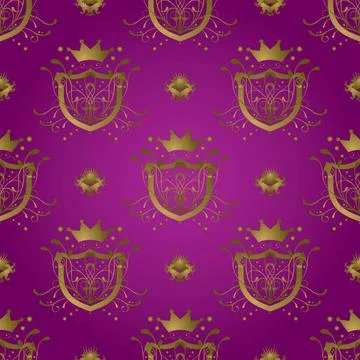 Purple shield royal seamless repeat background design in purple and gold C... Stock Photos