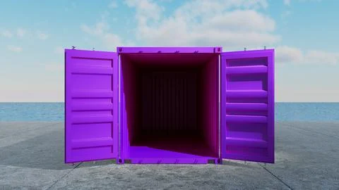 Purple shipping container open at the dock with ocean view Stock Illustration