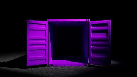 Purple shipping container opening in the dark with light inside Illustrazione stock