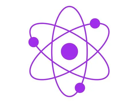 Purple silhouette of an atom with orbiting electrons isolated on a white back Stock Illustration