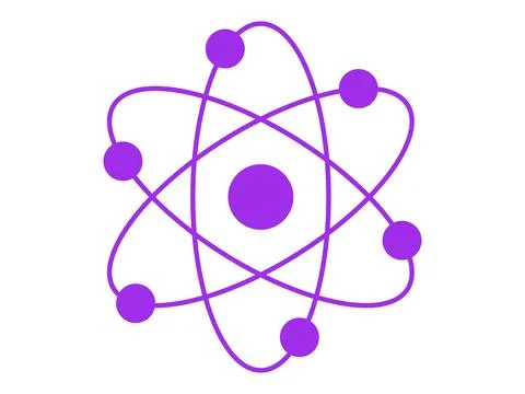 Purple silhouette of an atom with orbiting electrons isolated on a white back Stock Illustration