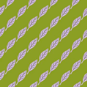 Purple simple diagonal leaf shapes seamless doodle pattern. Green background. イラスト素材