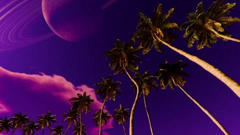 Purple sky with ringed planet and palm trees in seamless loop Stock Footage 335020213