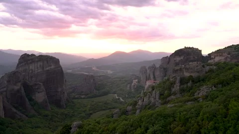 Purple Sky Sunset Holy Monastery of Rousanou Meteora Kalambaka Greece Purpl.. Stock Footage 334886434
