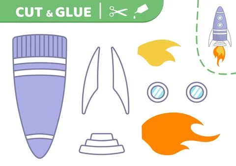 Purple small rocket. Cut and glue. Rocket. Applique. Paper game. Vector Stock Illustration
