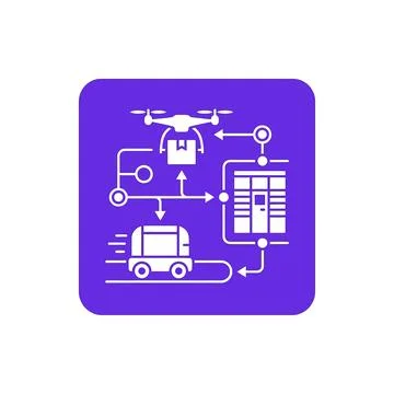 Purple smart delivery square icon illustrating automated logistics workflow.. Stock Illustration