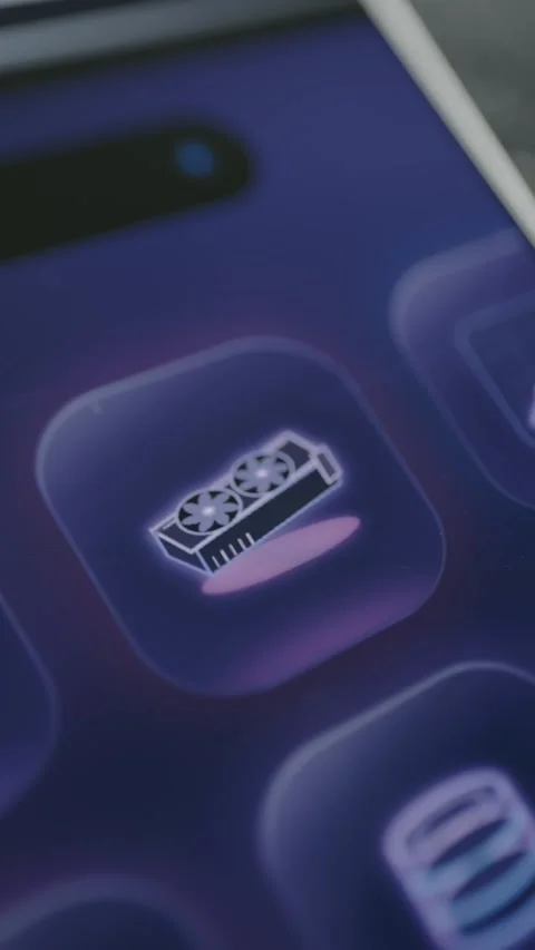 Purple smartphone control panel displays a detailed dual fan graphics card Stock Footage 342488380