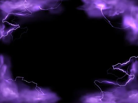 Purple smoke effect and lightning strikes frame background, storm clouds Stock Illustration