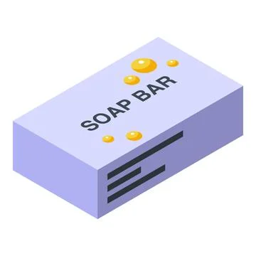 Purple soap bar with bubbles floating above in isometric view Stock Illustration