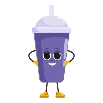 Purple soft drink cup character smiling with hands on hips Stock Illustration