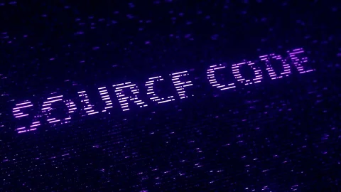 Purple SOURCE CODE text made with flying luminescent particles. Loopable 3D Video stock 104244214