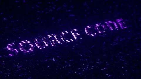 Purple SOURCE CODE text made with flying luminescent particles. Loopable 3D Illustrazione stock