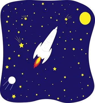 Purple space background with a rocket satellite moon and stars. The concept o Stock Illustration