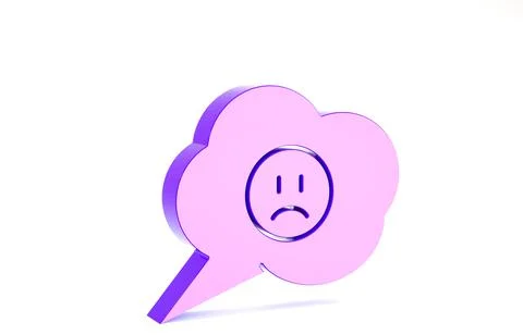 Purple Speech bubble with sad smile icon isolated on white background. Emotic Stock Illustration