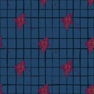 Purple spotted stingray elements seamless pattern in doodle style. Navy blue  Illustrazione stock