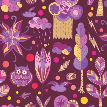 Purple spring vector pattern with forest Stock Illustration