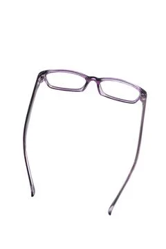 Purple square eyeglass frame in side view isolated on white background. Stock Photos