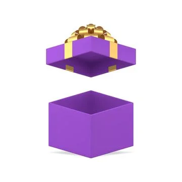 Purple squared empty gift box with open cap and golden bow ribbon 3d icon rea 스톡 일러스트