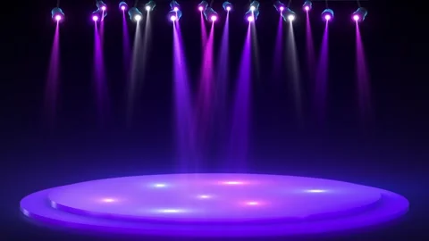 Purple stage spotlight background overhead beams, round platform, dark theater s Stock Footage 340400375