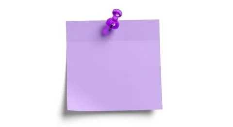 Purple sticky note pinned to a white surface with a blue thumbtack and shadow Stock Illustration
