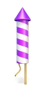 Purple stripped firework rocket 3D rendering illustration on white backgro... Stock Photos