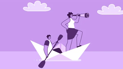 Purple Style Flat Characters Rower Oarsman and Woman Captain Float on Paper Boat 스톡 동영상 201528109