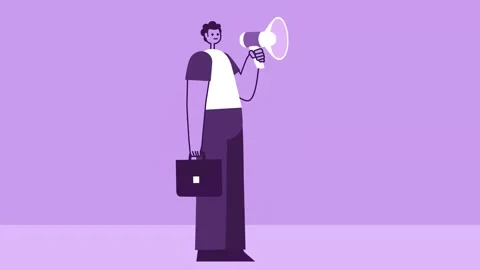 Purple Style Man with Briefcase Flat Character Speaking into Loudspeaker Video stock 201279228
