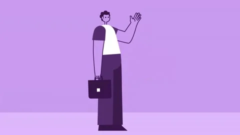 Purple Style Man with Briefcase Flat Character Hi Hand Waving Gesture. Isolated Video stock 201279550