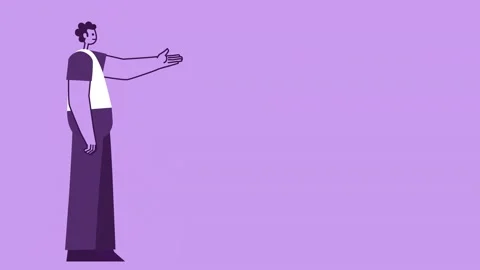 Purple Style Man Flat Character Tells and Demonstrates on Yellow Background Stock-Footage 196878682