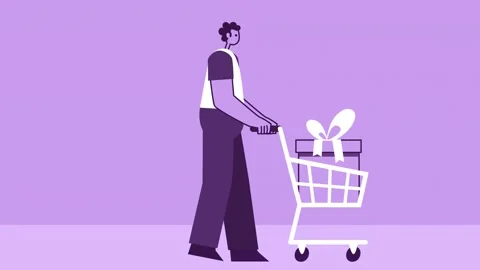 Purple Style Man Flat Character Walking with Gift Box in Shopping Cart 스톡 동영상 196880142