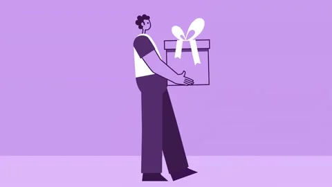 Purple Style Man Flat Character Carries Gift Box. Isolated Loop Animation Video stock 196881848