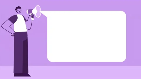 Purple Style Man Flat Character Speaking into Loudspeaker with Speech Bubble Stock-Footage 196886555