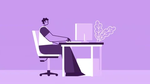 Purple Style Man Flat Character Working on Desktop Computer. Isolated Loop Stock Footage 196886685