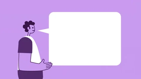 Purple Style Man Flat Character Talking Explain with Speech Bubble. Isolated Stockbeeldmateriaal 196939281