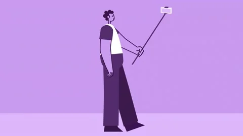 Purple Style Man Flat Character Walking with Selfie Stick. Isolated Loop Stock Footage 196939291