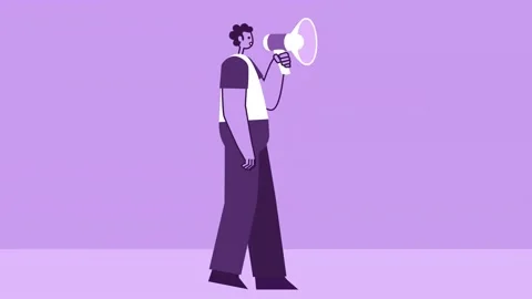 Purple Style Man Flat Character Walking and Speaking into Loudspeaker. Isolated Video stock 196939783