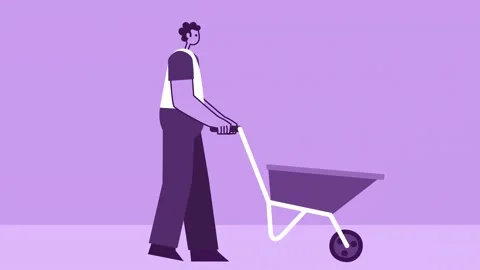 Purple Style Man Flat Character Pushing Hand Barrow Cart. Isolated Loop 스톡 동영상 196940125