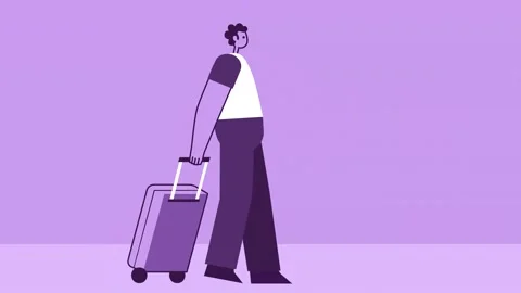 Purple Style Man Flat Character Walking with Travel Suitcase. Isolated Loop Stock Footage 196963807