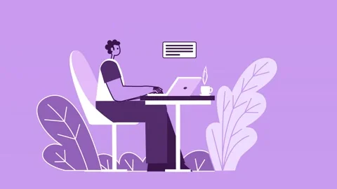 Purple Style Man Flat Character Online Working in Cafe with Laptop. Isolated Stock-Footage 196986185