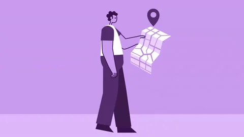 Purple Style Man Flat Character Walking Cycle with GPS Map. Isolated Loop 스톡 동영상 196988034