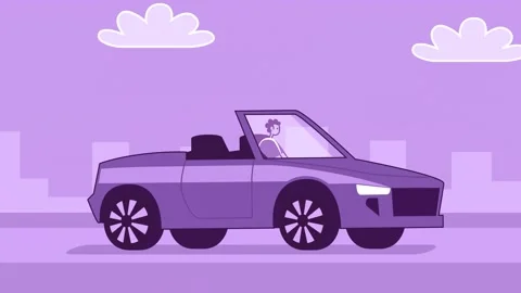 Purple Style Man Flat Character Driving Violet Convertible Car. Isolated Loop Stock Footage 196989252
